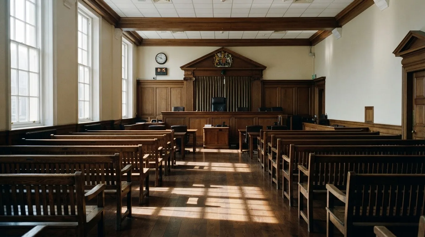 An empty courtroom with wooden benches in morning light
