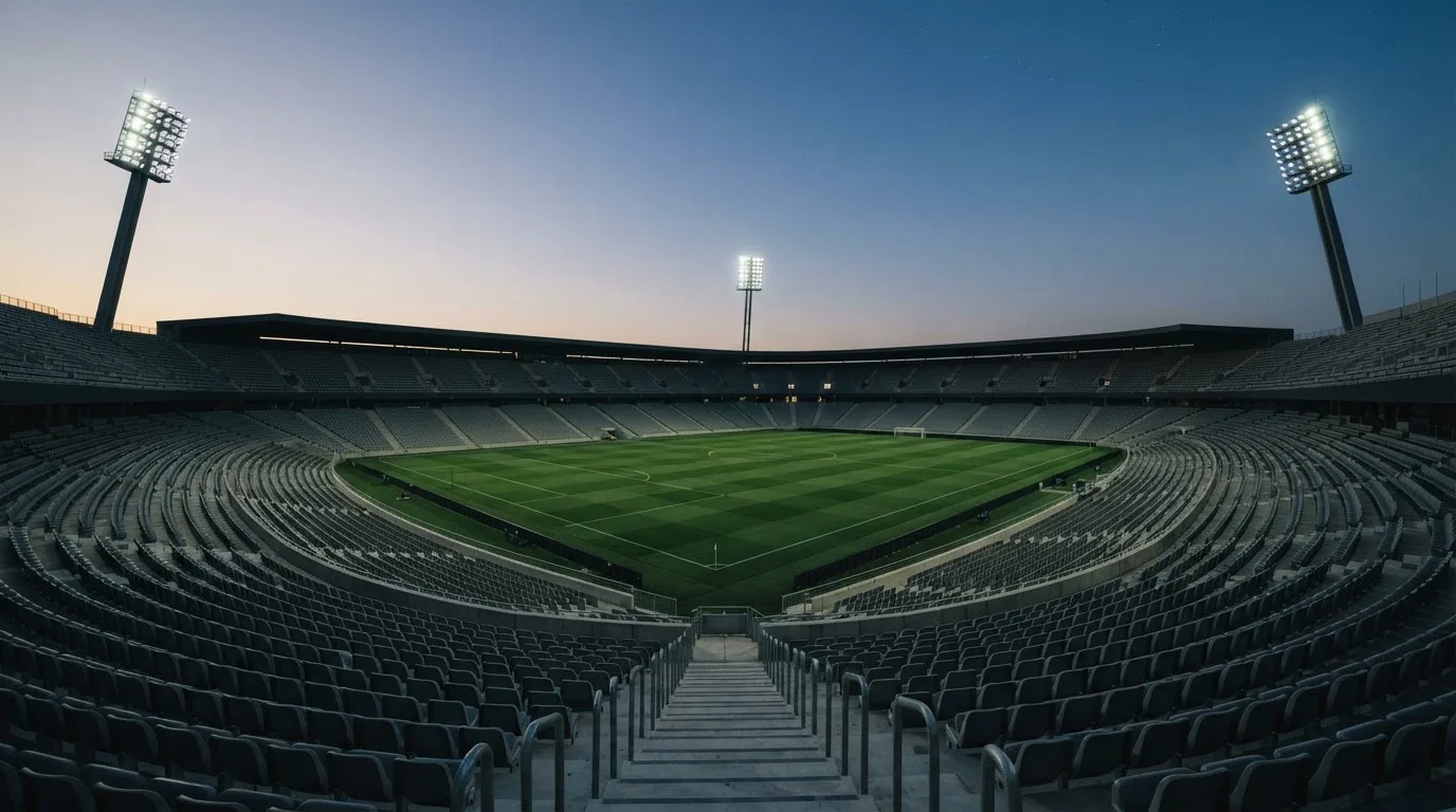 An empty football stadium with floodlight masts at dusk