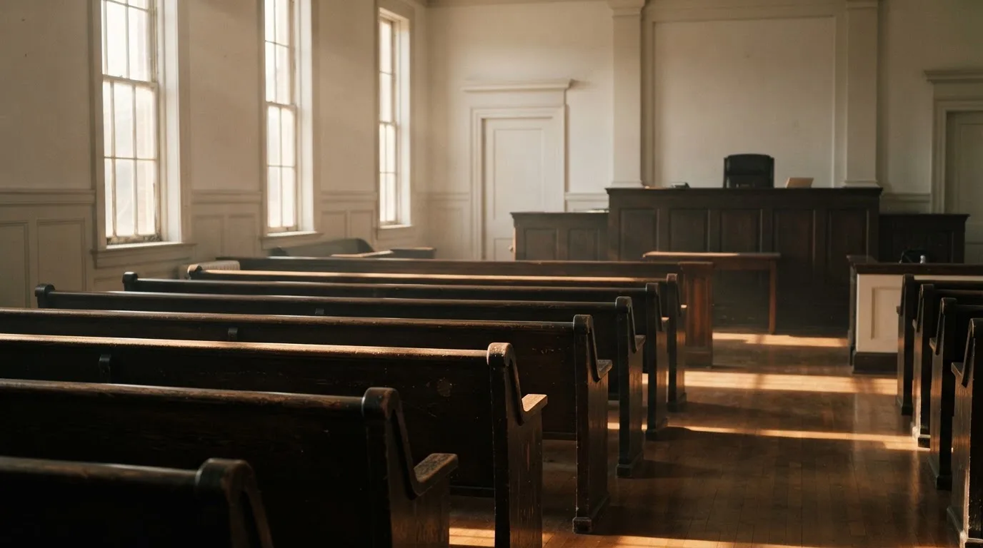 An empty courtroom with wooden benches in morning light