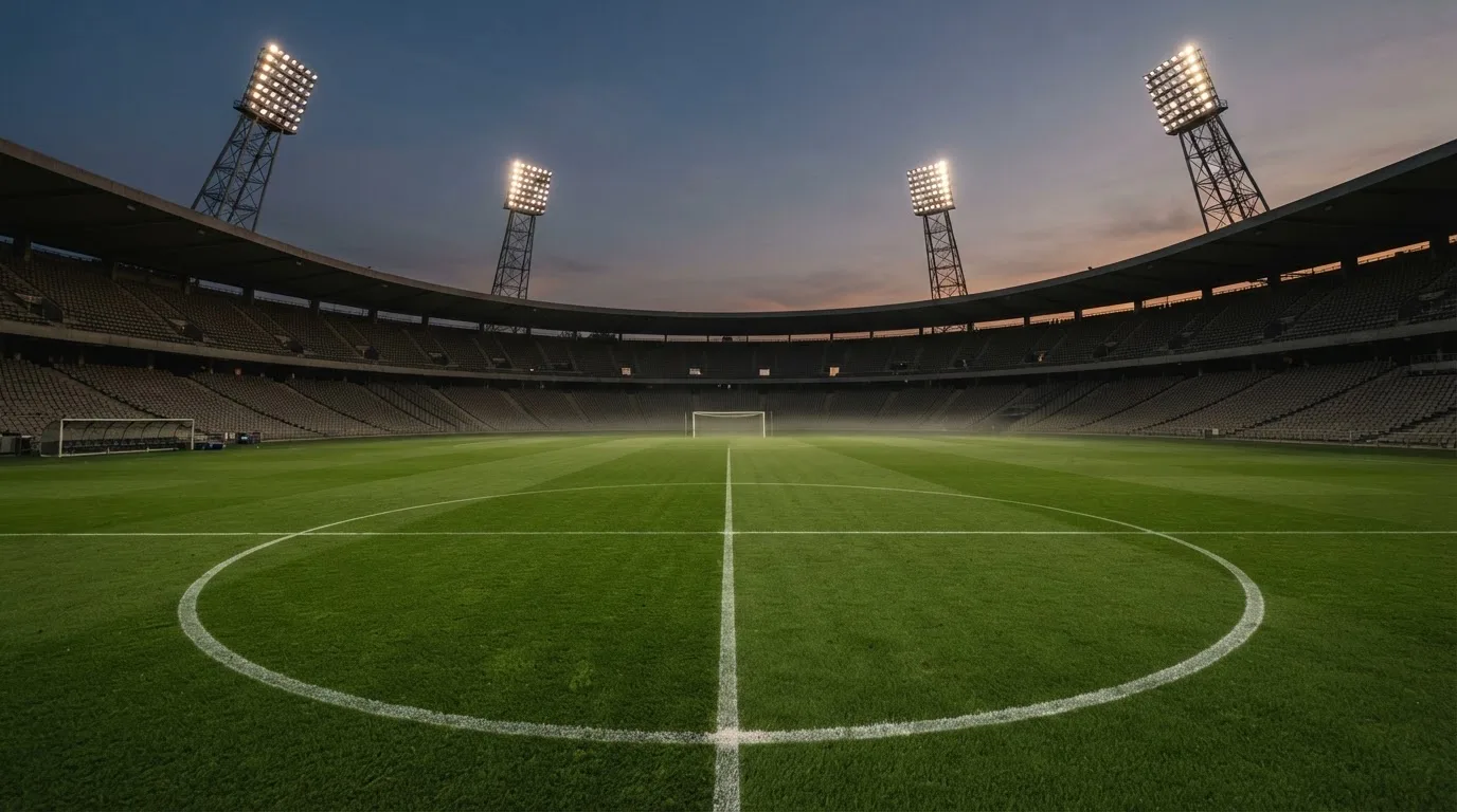 An empty football stadium with floodlight masts at dusk