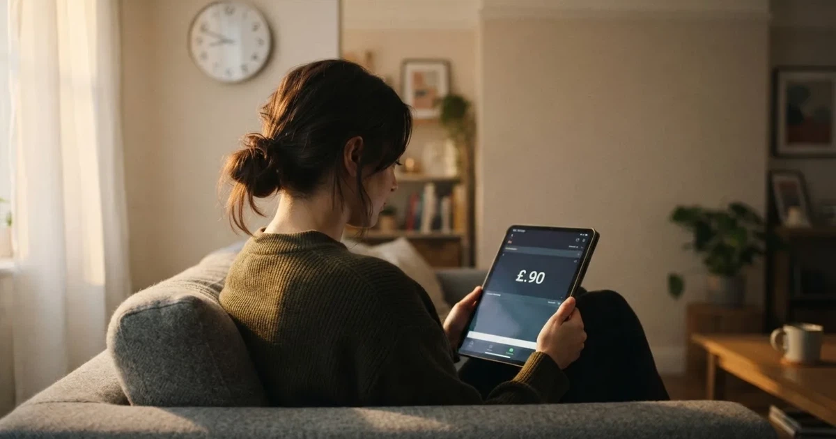 A person on a sofa looking thoughtfully at a tablet, a wall clock in the background