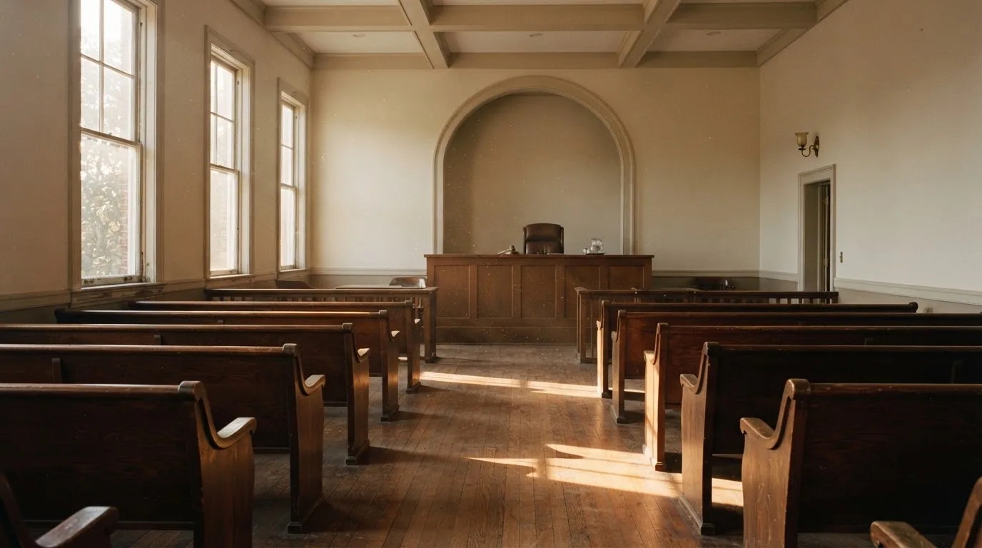 An empty courtroom with wooden benches in morning light