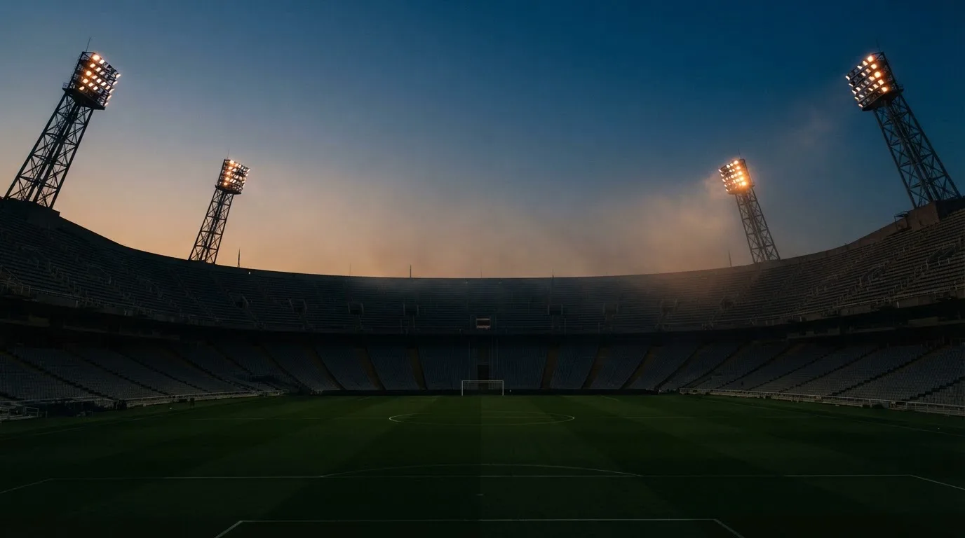 An empty football stadium with floodlight masts at dusk
