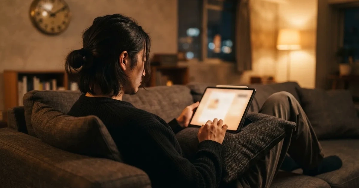A person on a sofa looking thoughtfully at a tablet, a wall clock in the background