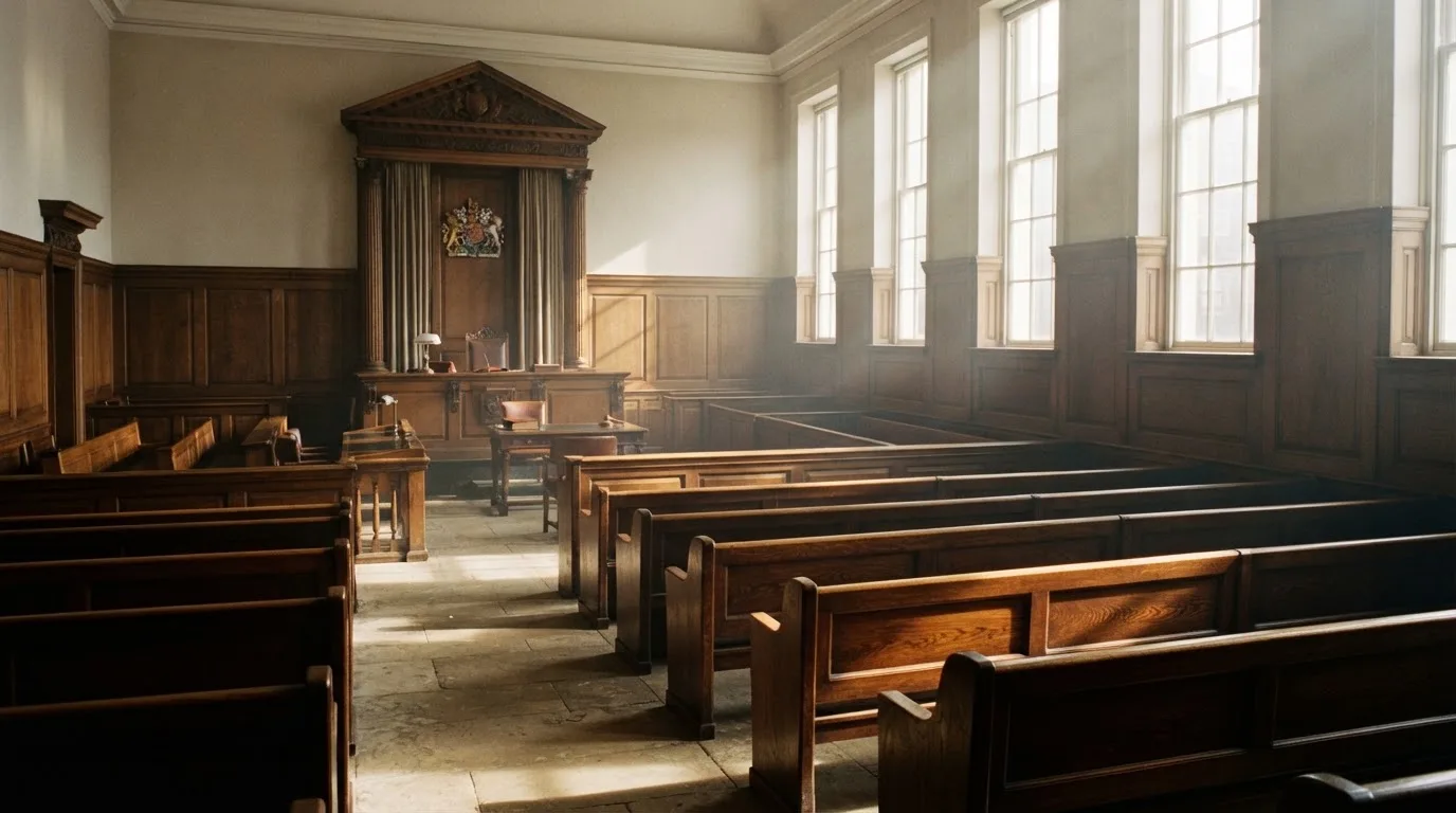 An empty courtroom with wooden benches in morning light