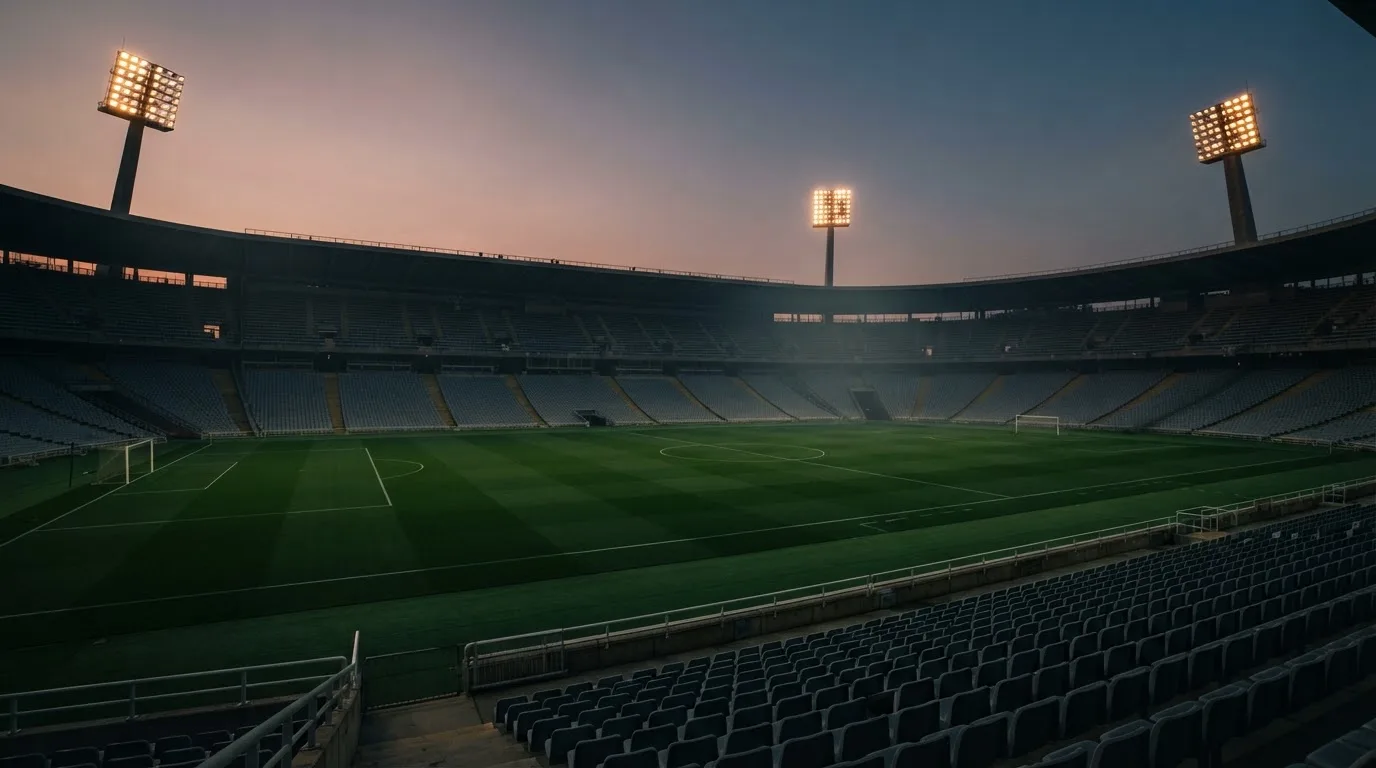 An empty football stadium with floodlight masts at dusk