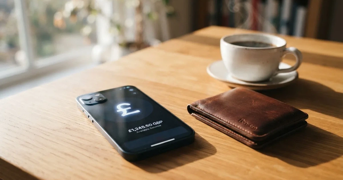 A smartphone on a wooden table beside a wallet and a coffee cup