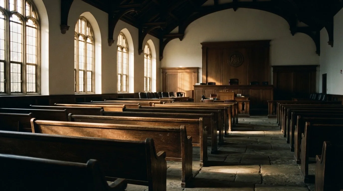 An empty courtroom with wooden benches in morning light