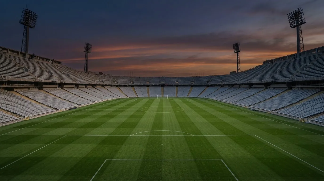 An empty football stadium with floodlight masts at dusk