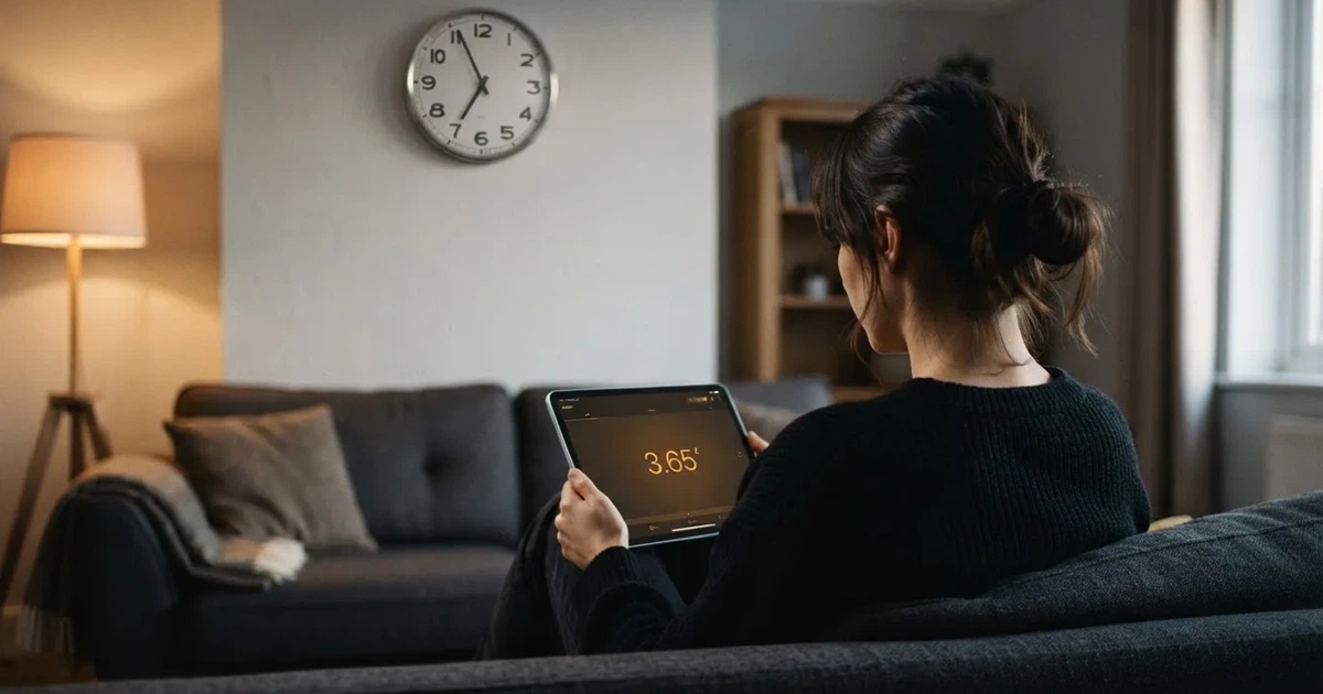 A person on a sofa looking thoughtfully at a tablet, a wall clock in the background