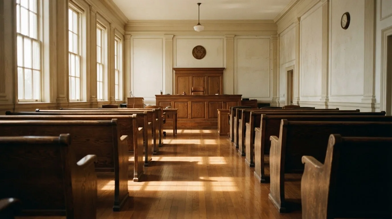 An empty courtroom with wooden benches in morning light