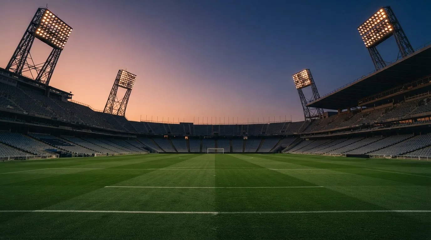 An empty football stadium with floodlight masts at dusk