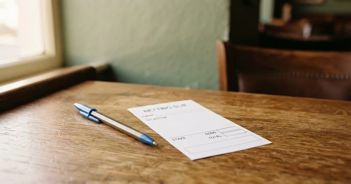 A blank paper betting slip beside a pen on a wooden counter