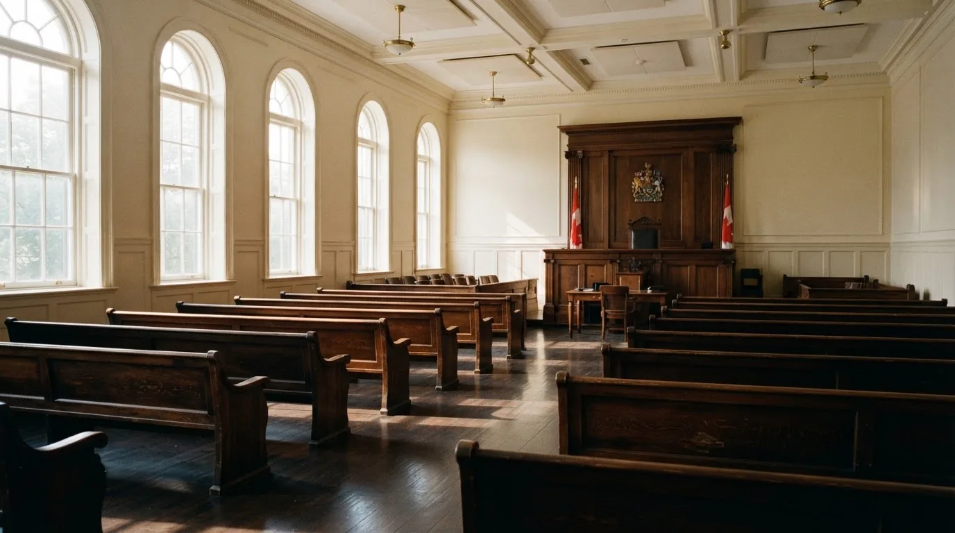 An empty courtroom with wooden benches in morning light