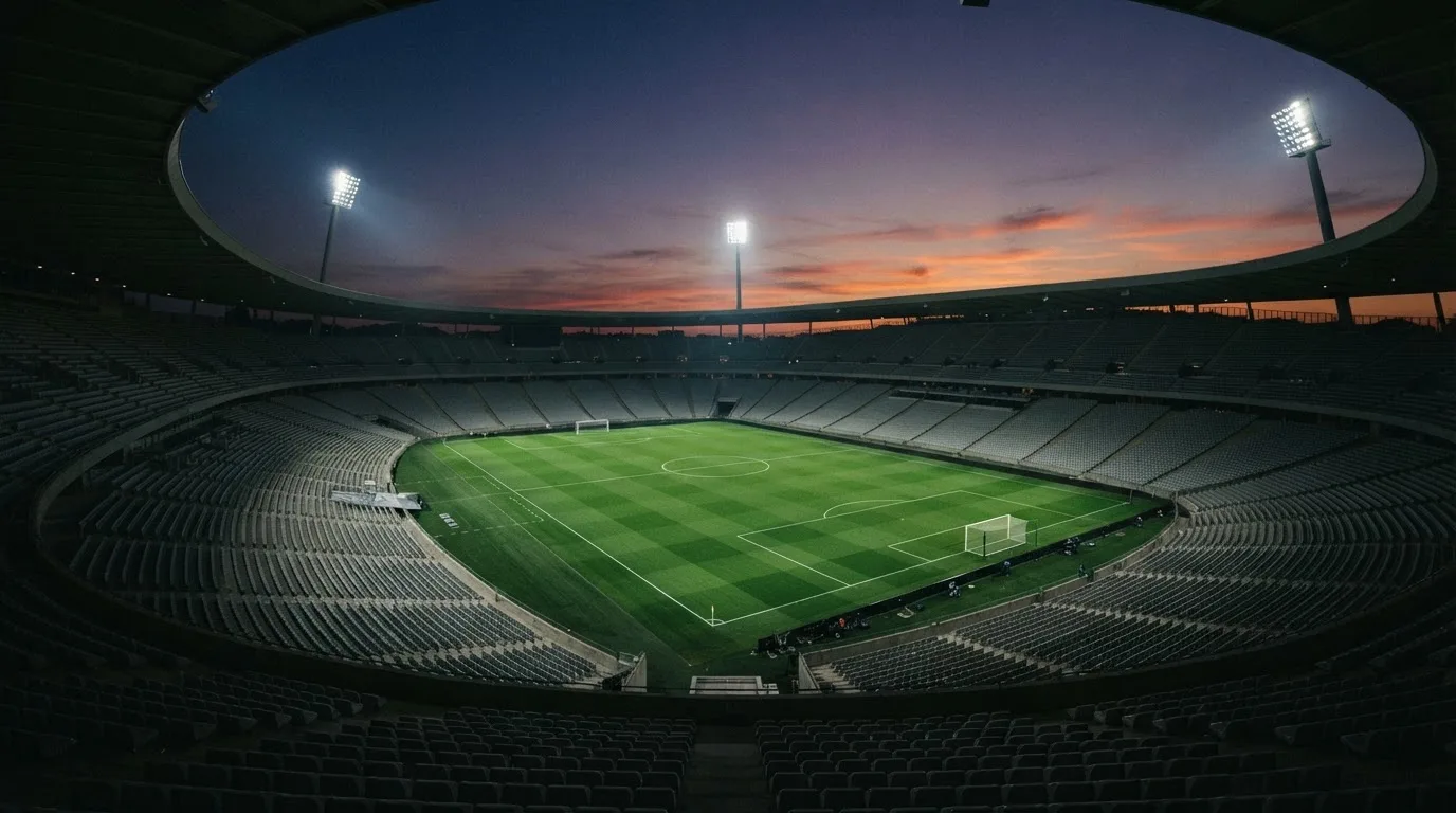 An empty football stadium with floodlight masts at dusk