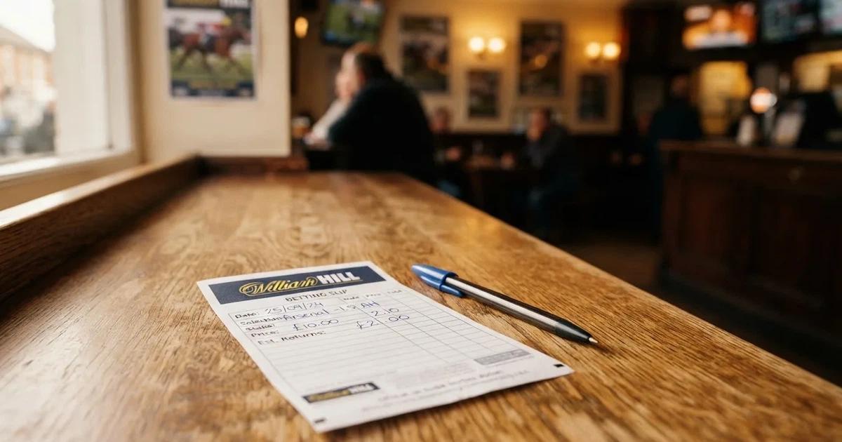 A blank paper betting slip beside a pen on a wooden counter