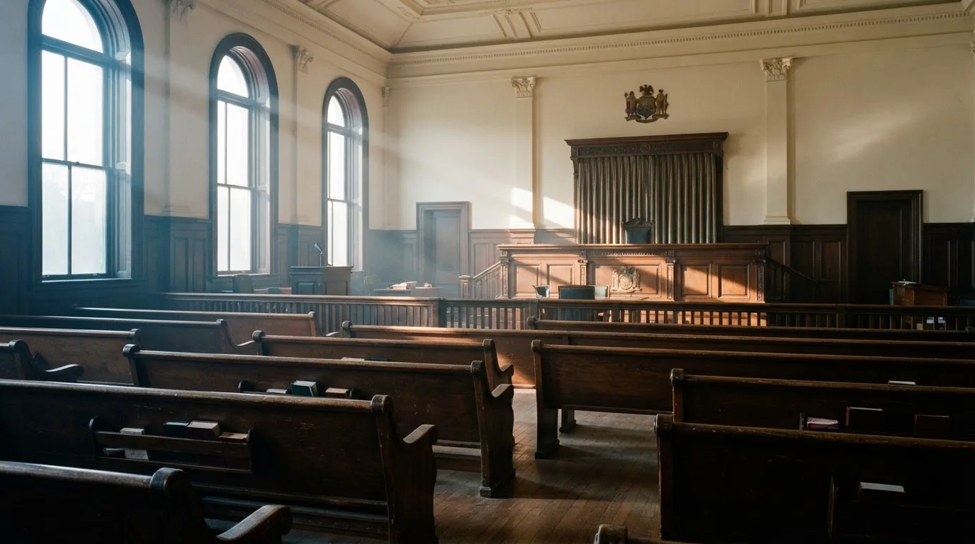 An empty courtroom with wooden benches in morning light