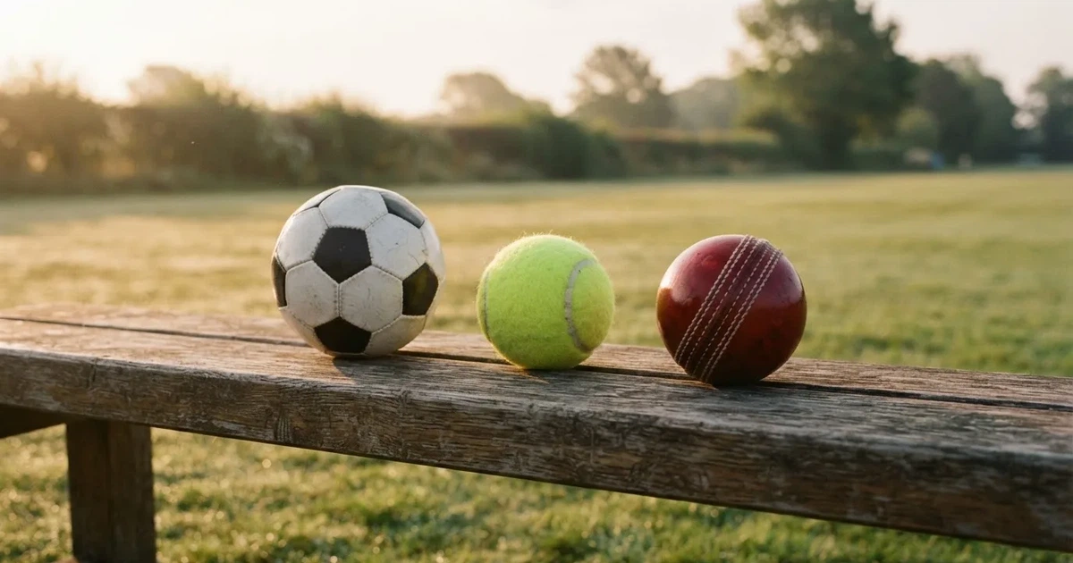 Three balls of different kinds side by side on a wooden bench