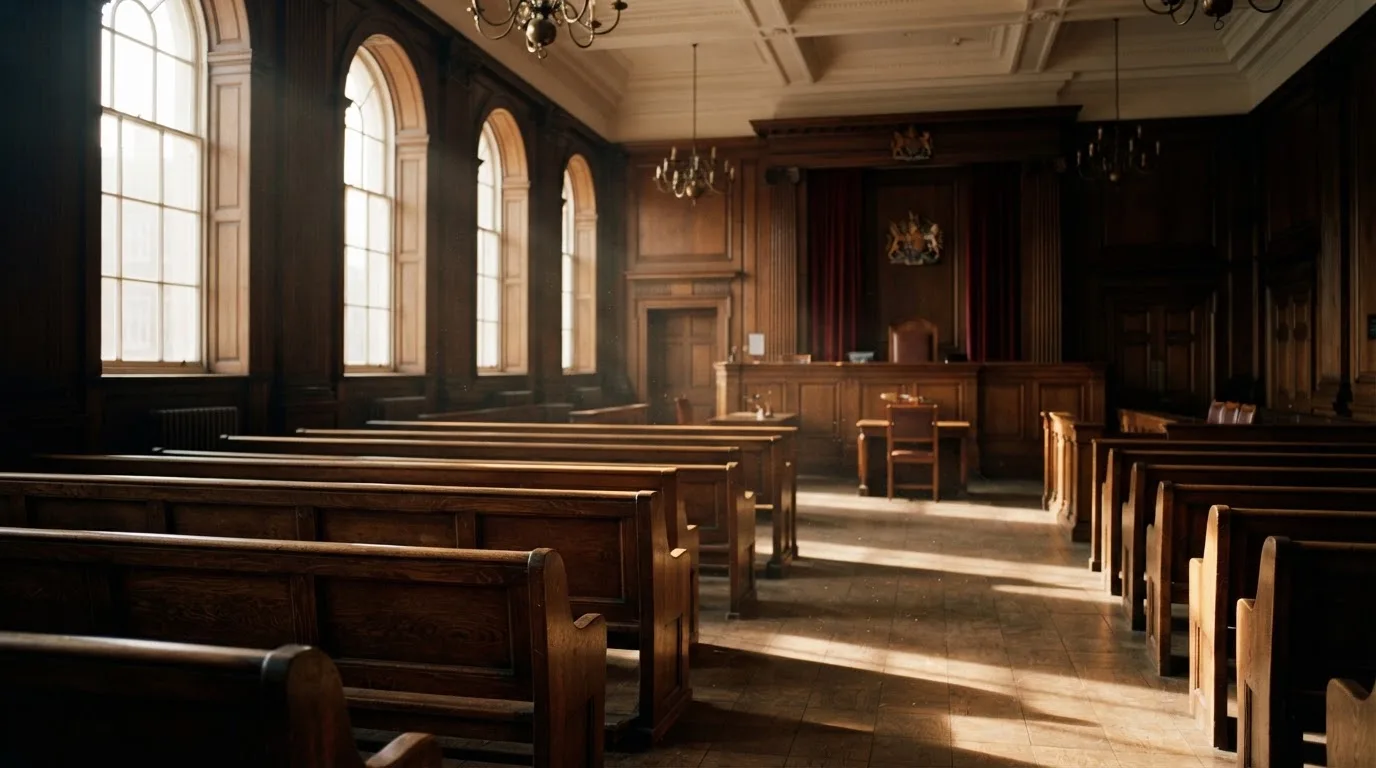 An empty courtroom with wooden benches in morning light