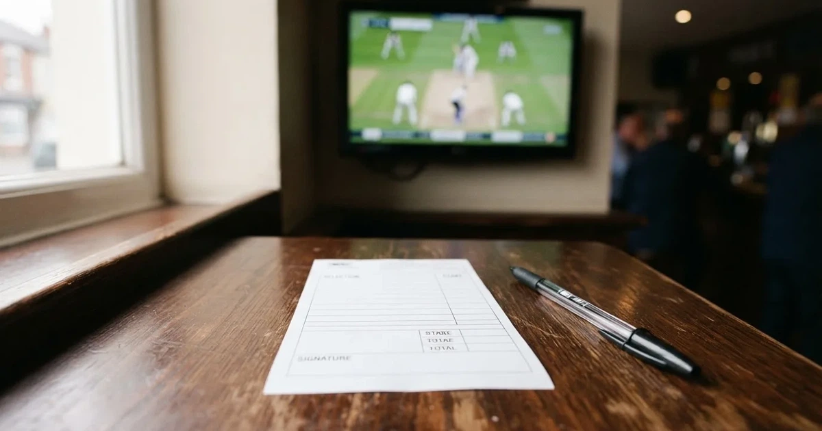 A blank paper betting slip beside a pen on a wooden counter