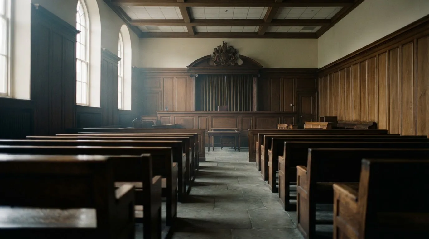 An empty courtroom with wooden benches in morning light