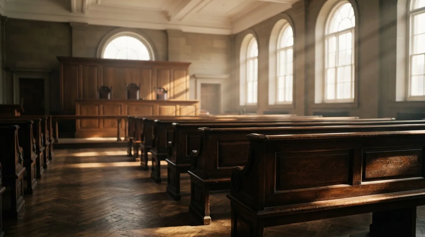 An empty courtroom with wooden benches in morning light