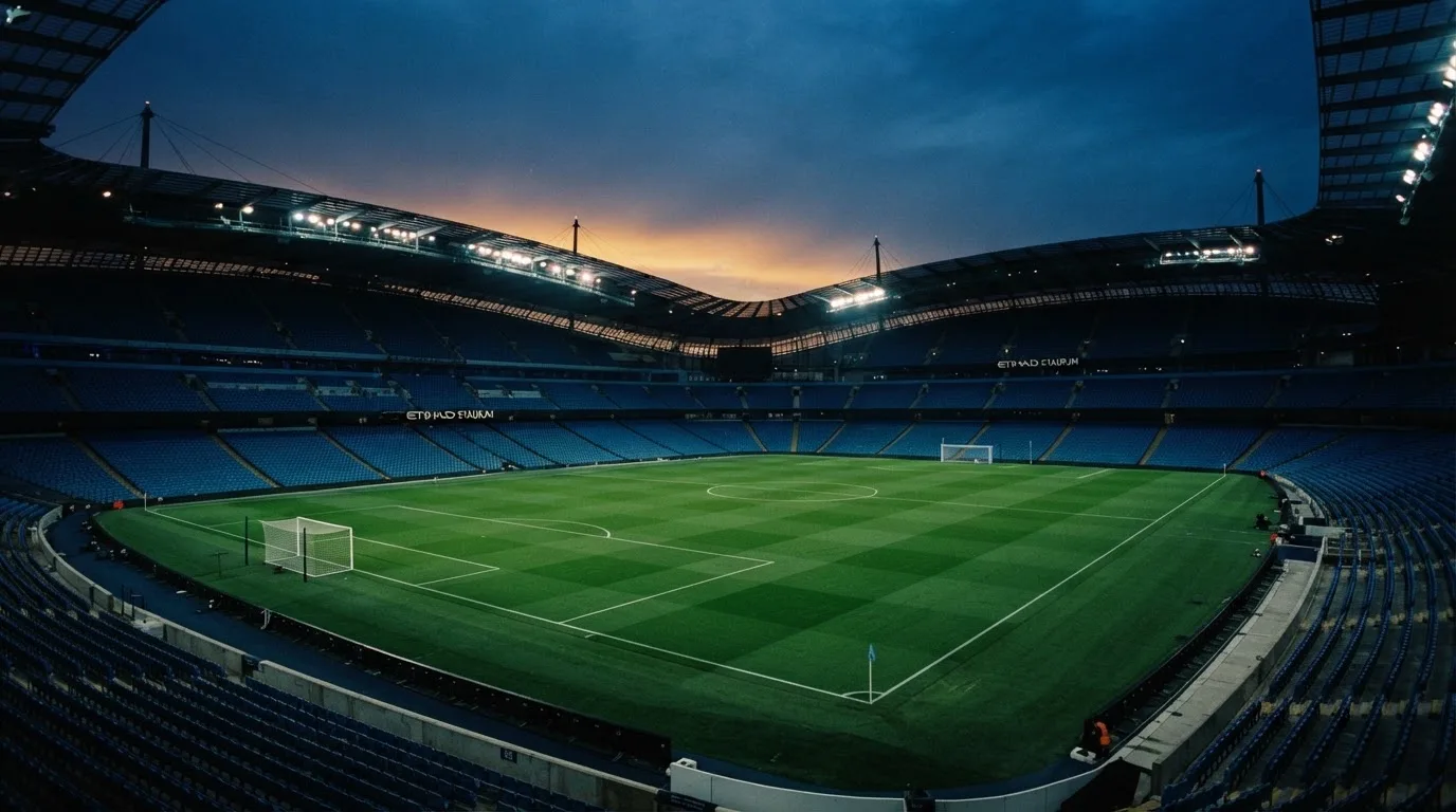 An empty football stadium with floodlight masts at dusk
