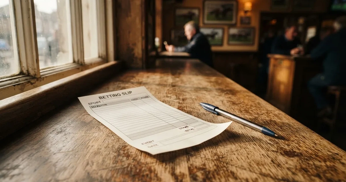 A blank paper betting slip beside a pen on a wooden counter