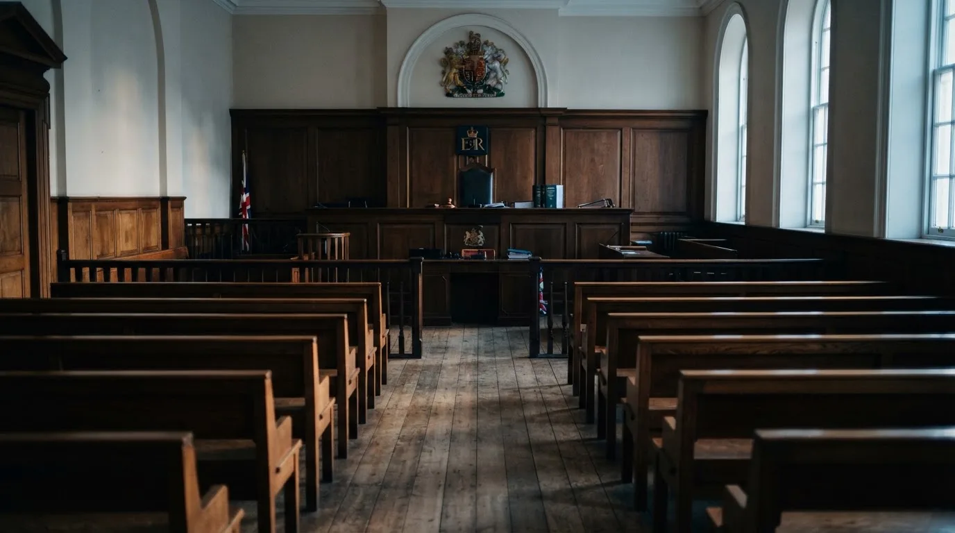 An empty courtroom with wooden benches in morning light