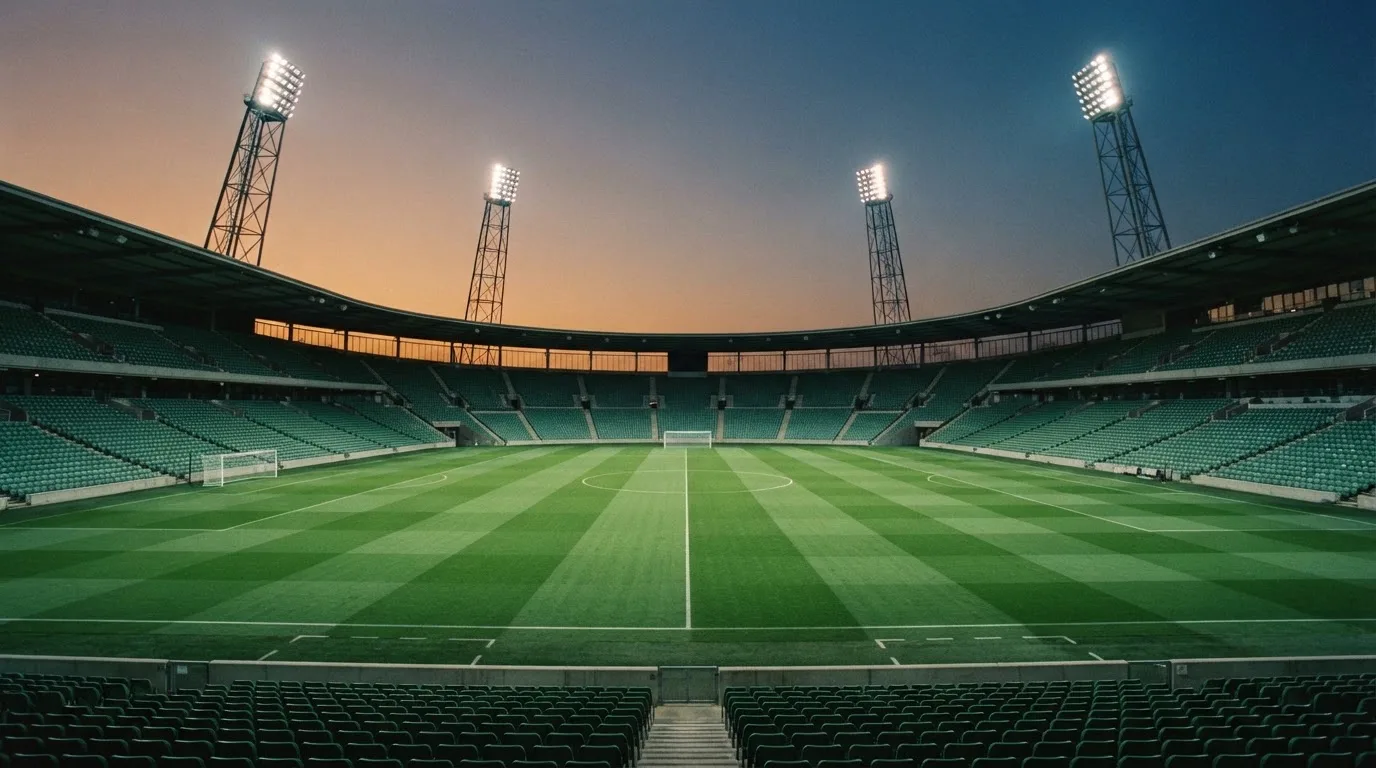 An empty football stadium with floodlight masts at dusk
