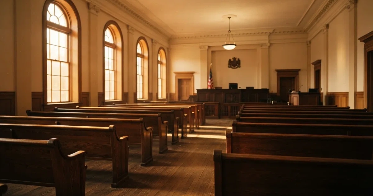 An empty courtroom with wooden benches in morning light
