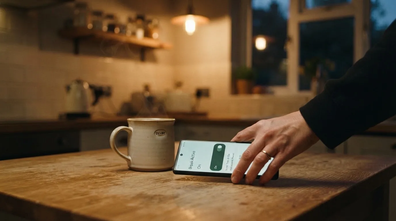 A hand setting a smartphone down beside a cup of tea on a kitchen table on a quiet evening