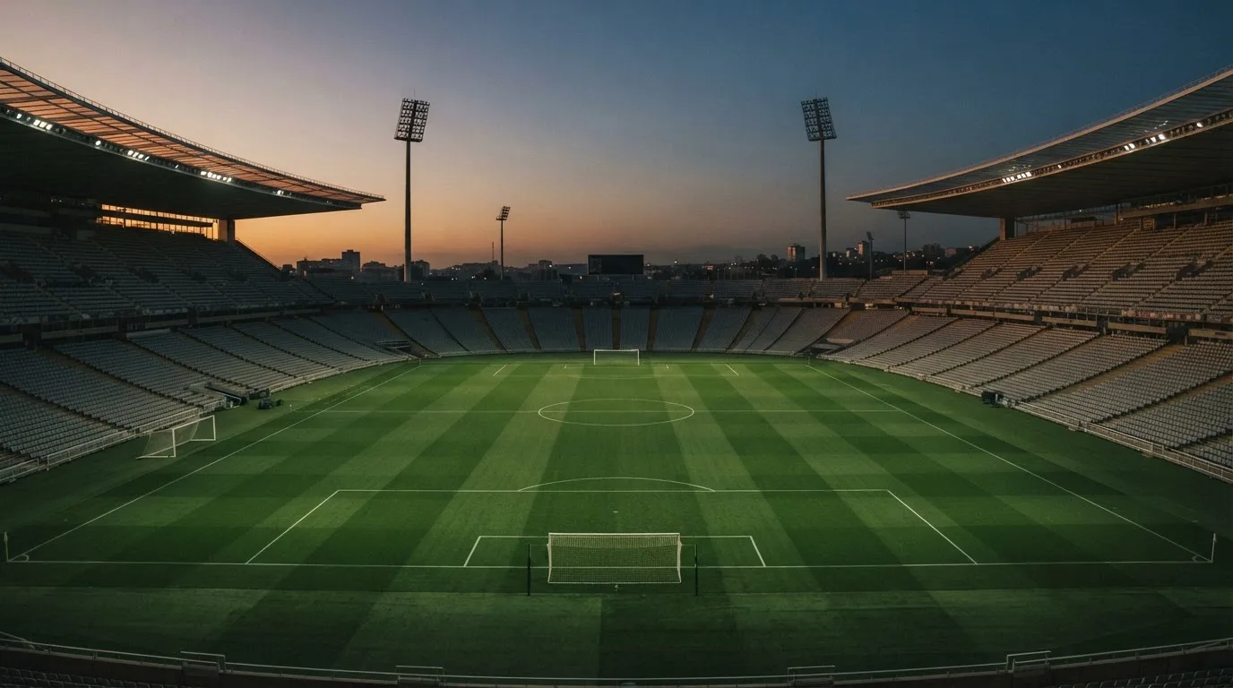 An empty football stadium with floodlight masts at dusk