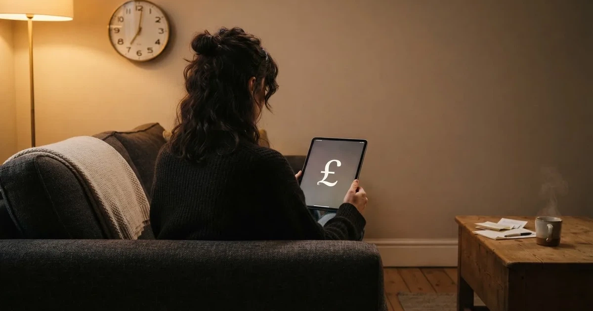 A person on a sofa looking thoughtfully at a tablet, a wall clock in the background