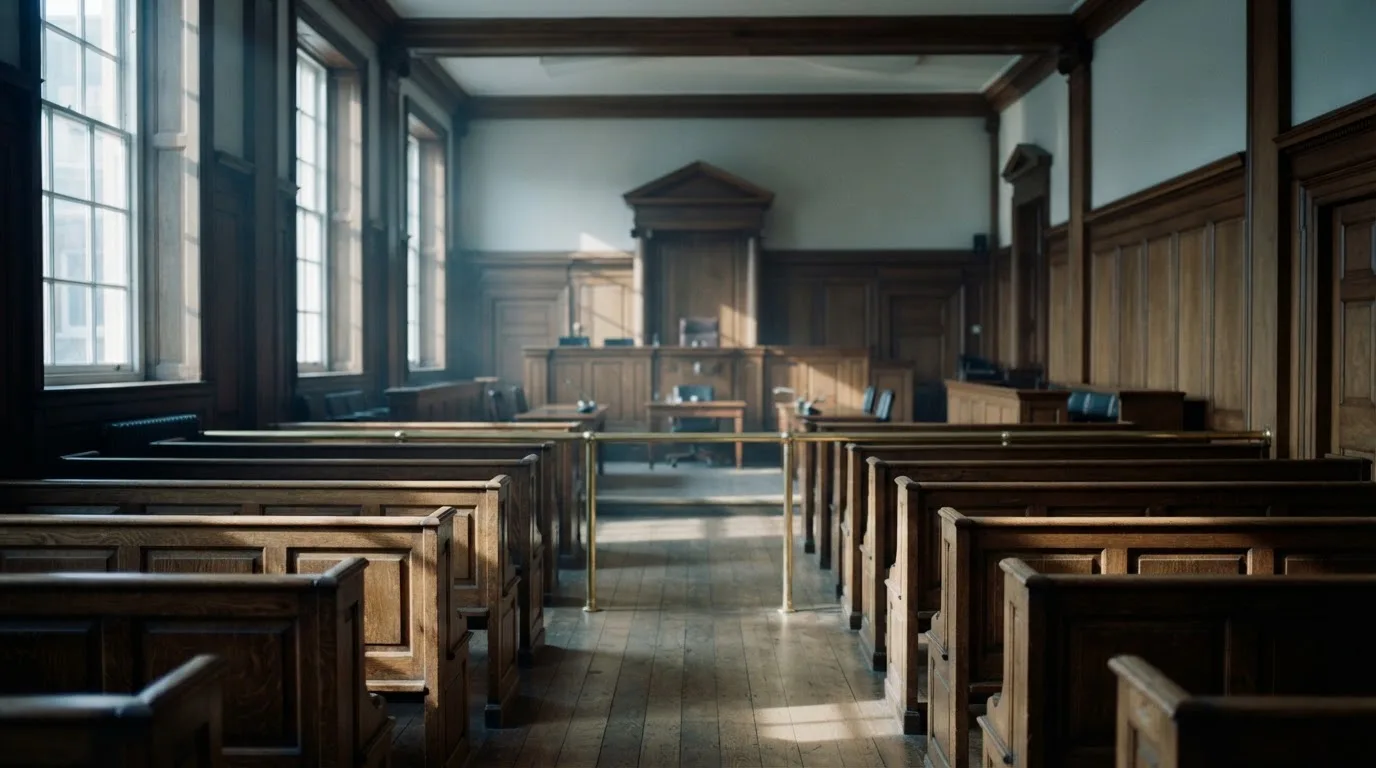 An empty courtroom with wooden benches in morning light