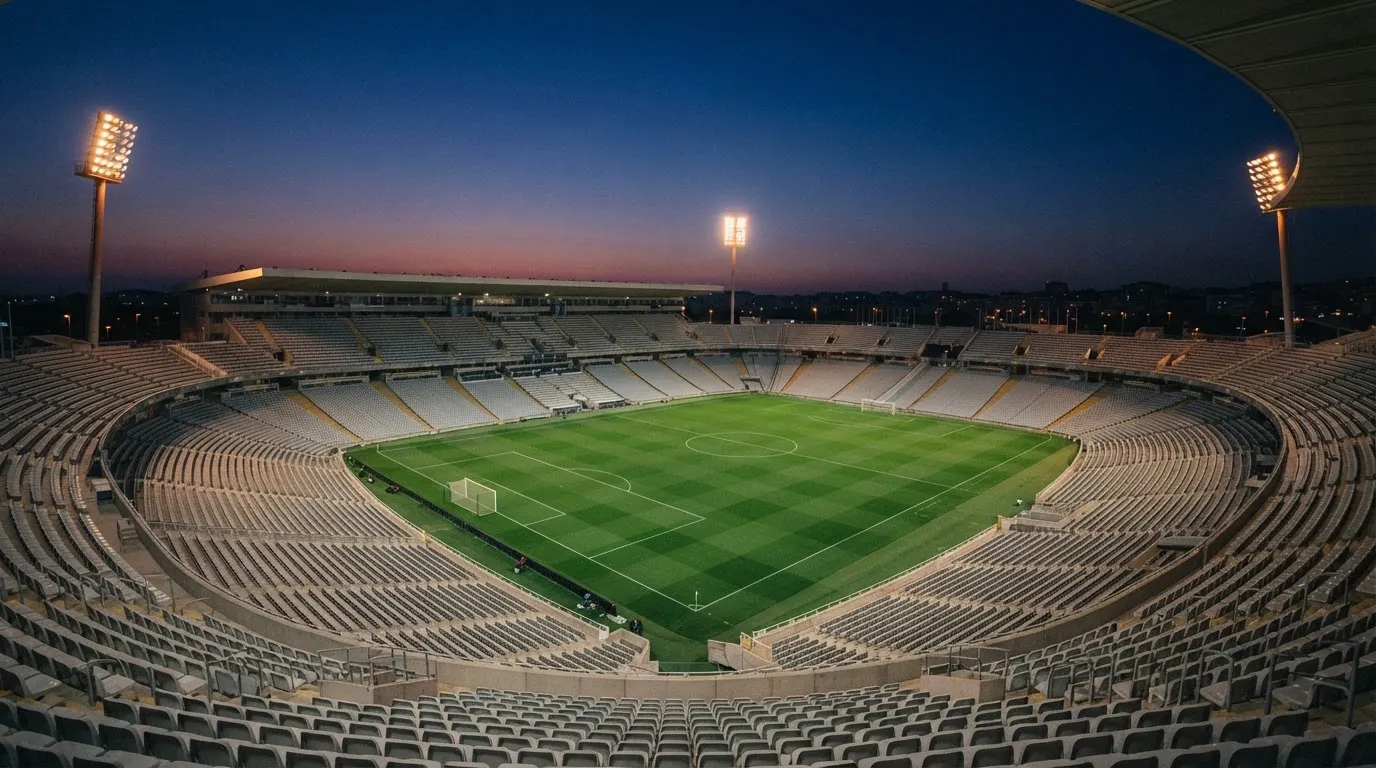 An empty football stadium with floodlight masts at dusk