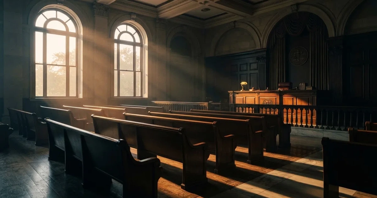 An empty courtroom with wooden benches in morning light