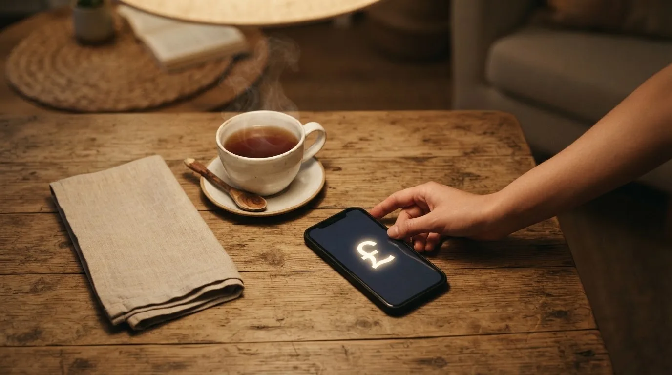 A hand setting a smartphone down beside a cup of tea on a kitchen table on a quiet evening