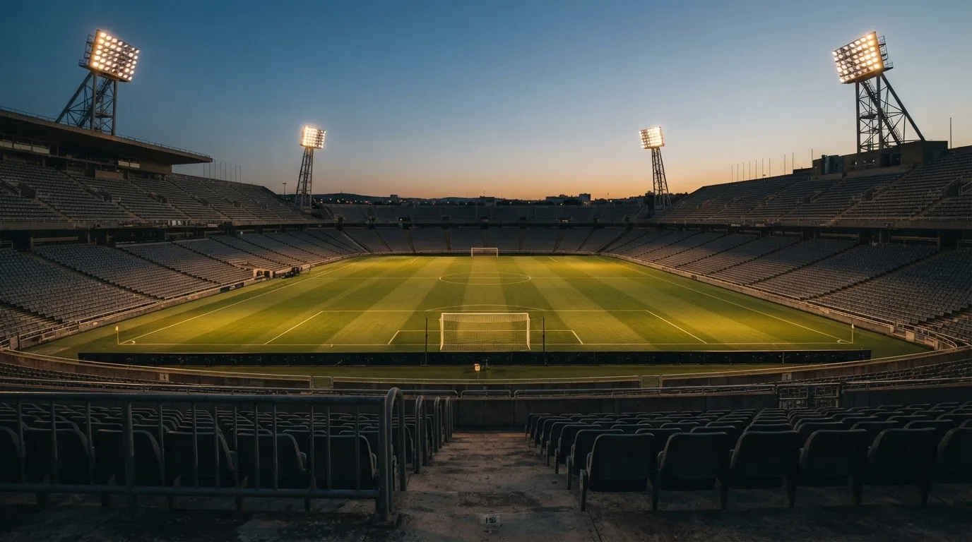 An empty football stadium with floodlight masts at dusk