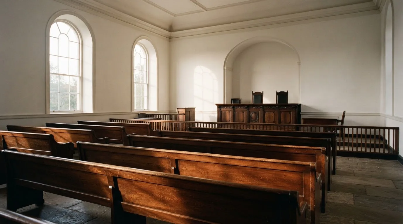 An empty courtroom with wooden benches in morning light