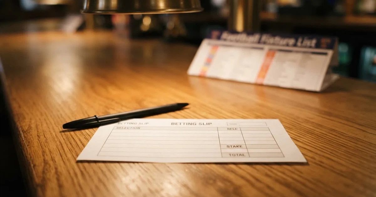 A blank paper betting slip beside a pen on a wooden counter