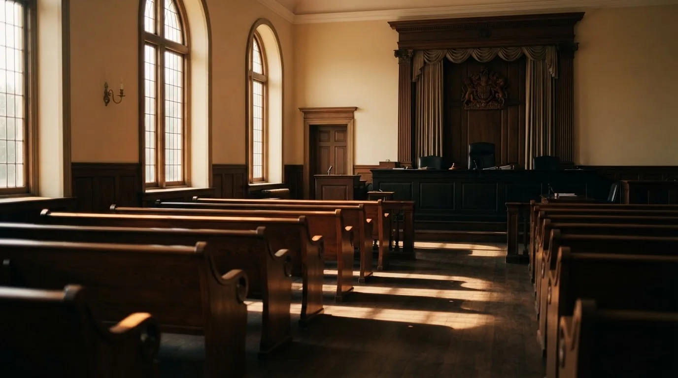 An empty courtroom with wooden benches in morning light