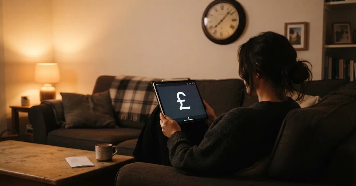 A person on a sofa looking thoughtfully at a tablet, a wall clock in the background
