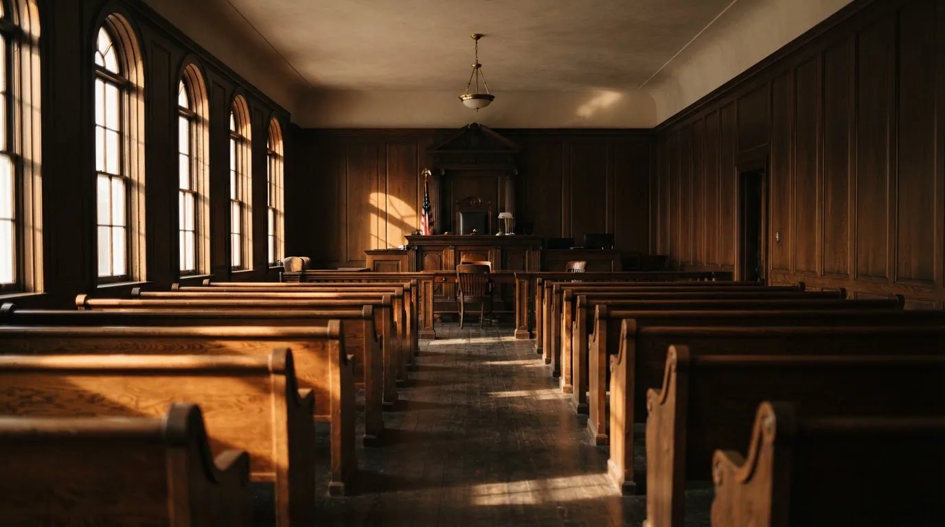 An empty courtroom with wooden benches in morning light