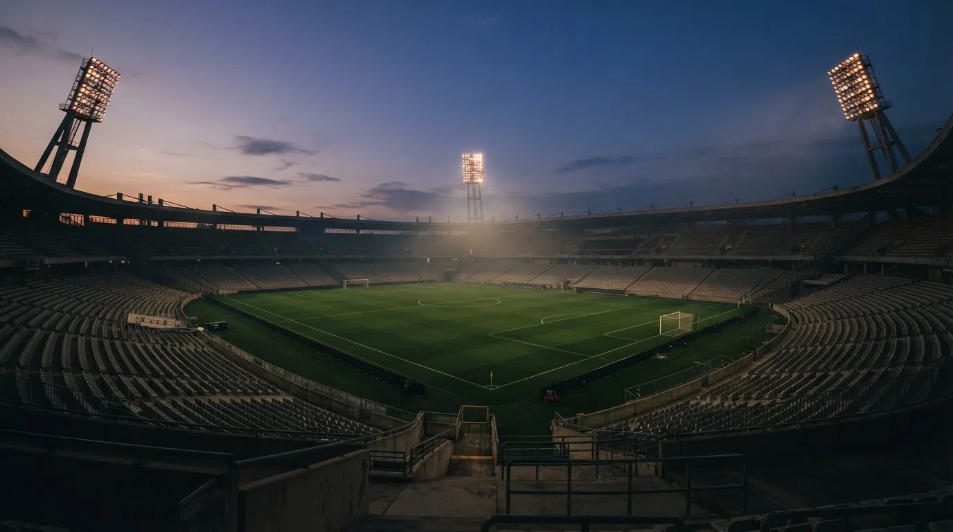 An empty football stadium with floodlight masts at dusk