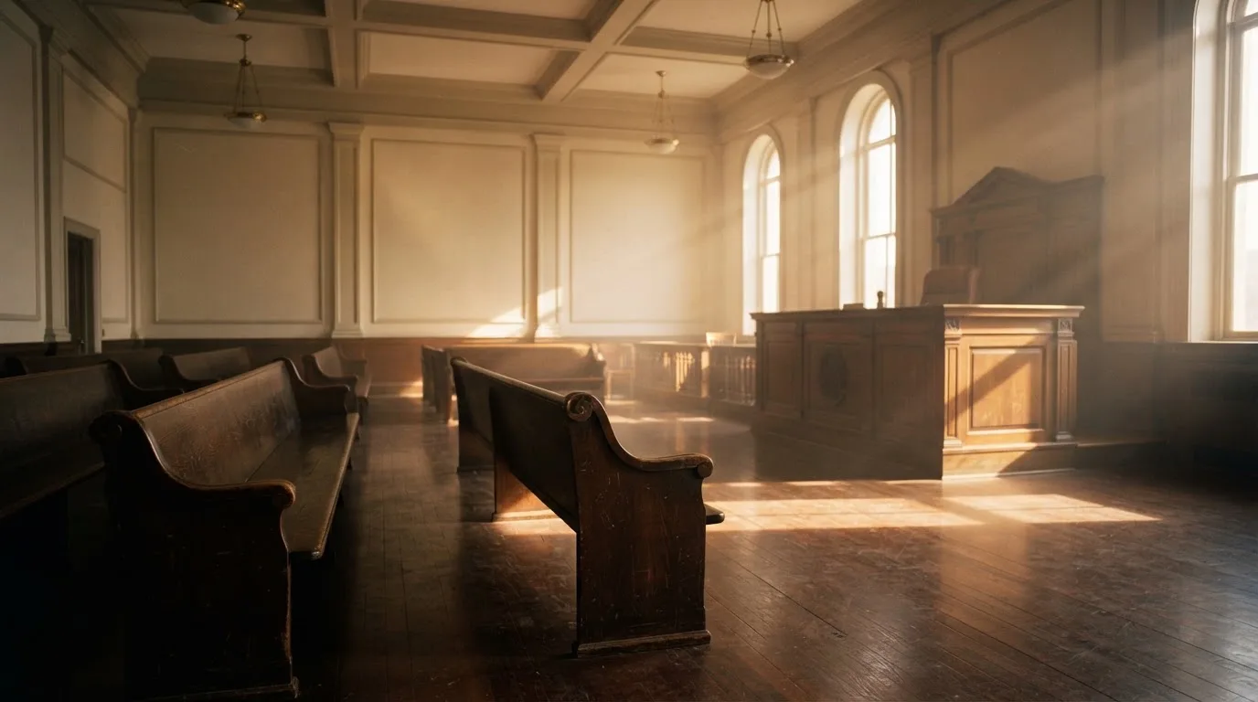 An empty courtroom with wooden benches in morning light
