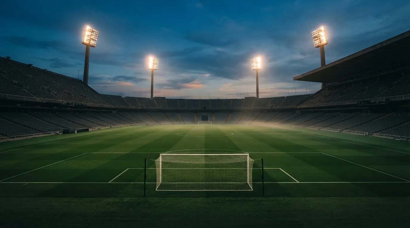 An empty football stadium with floodlight masts at dusk