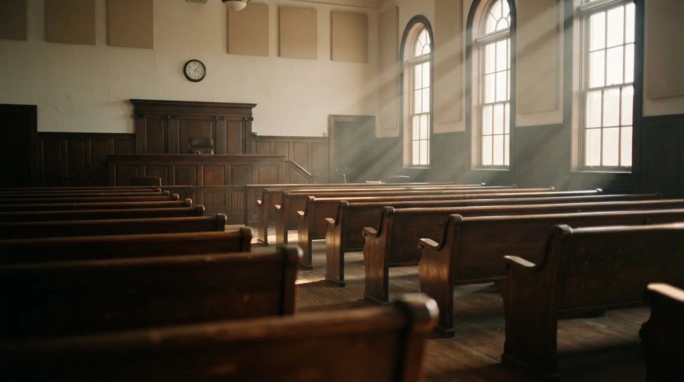 An empty courtroom with wooden benches in morning light