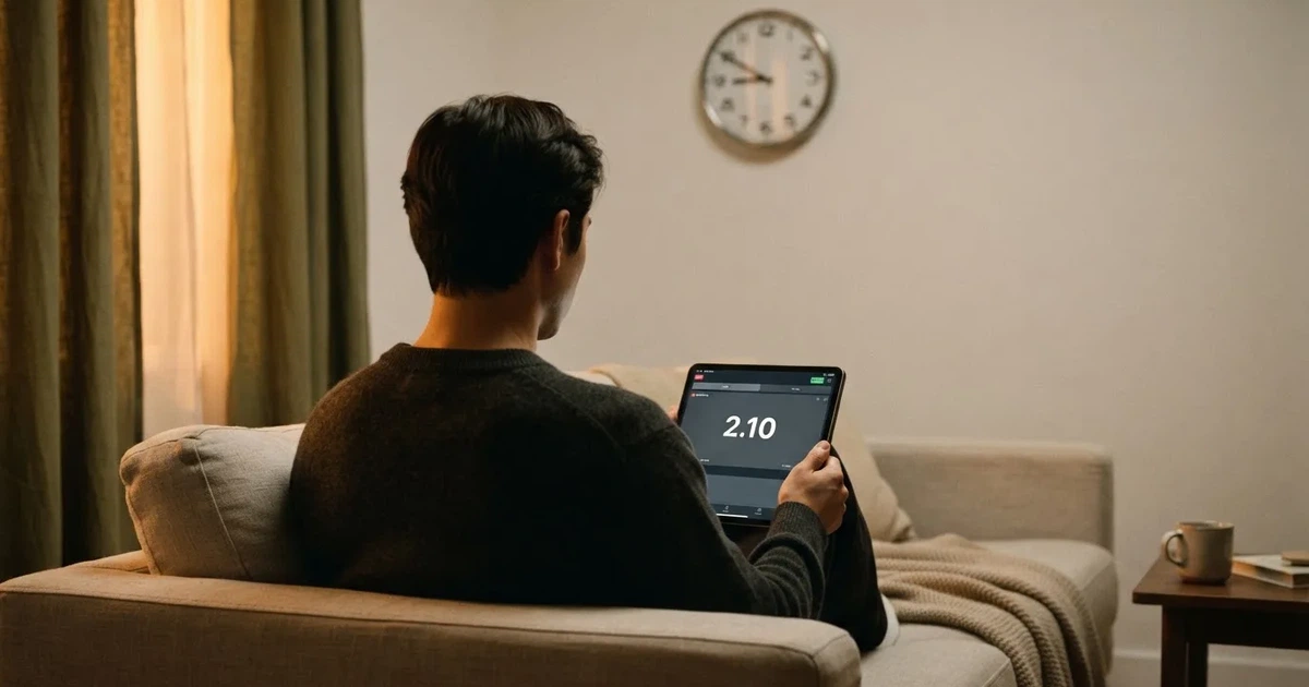 A person on a sofa looking thoughtfully at a tablet, a wall clock in the background