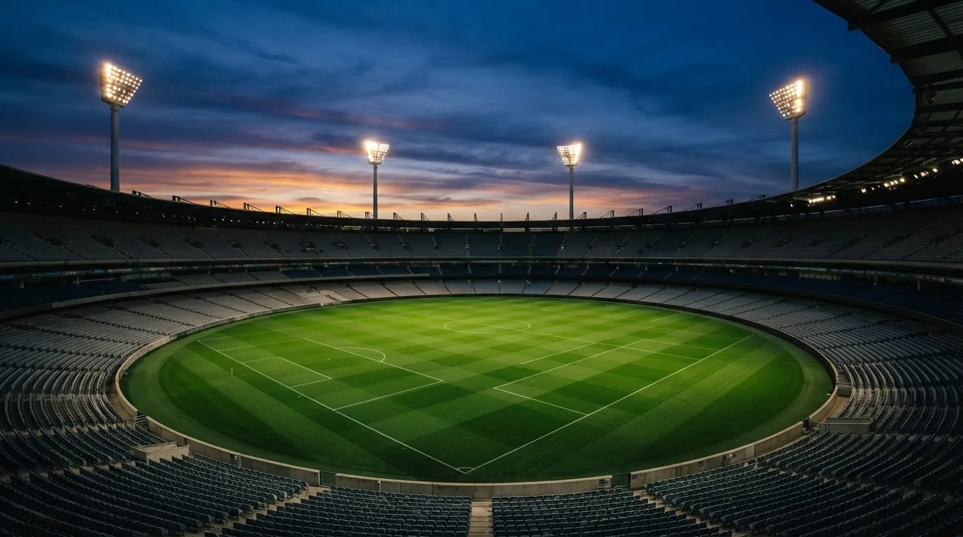 An empty football stadium with floodlight masts at dusk